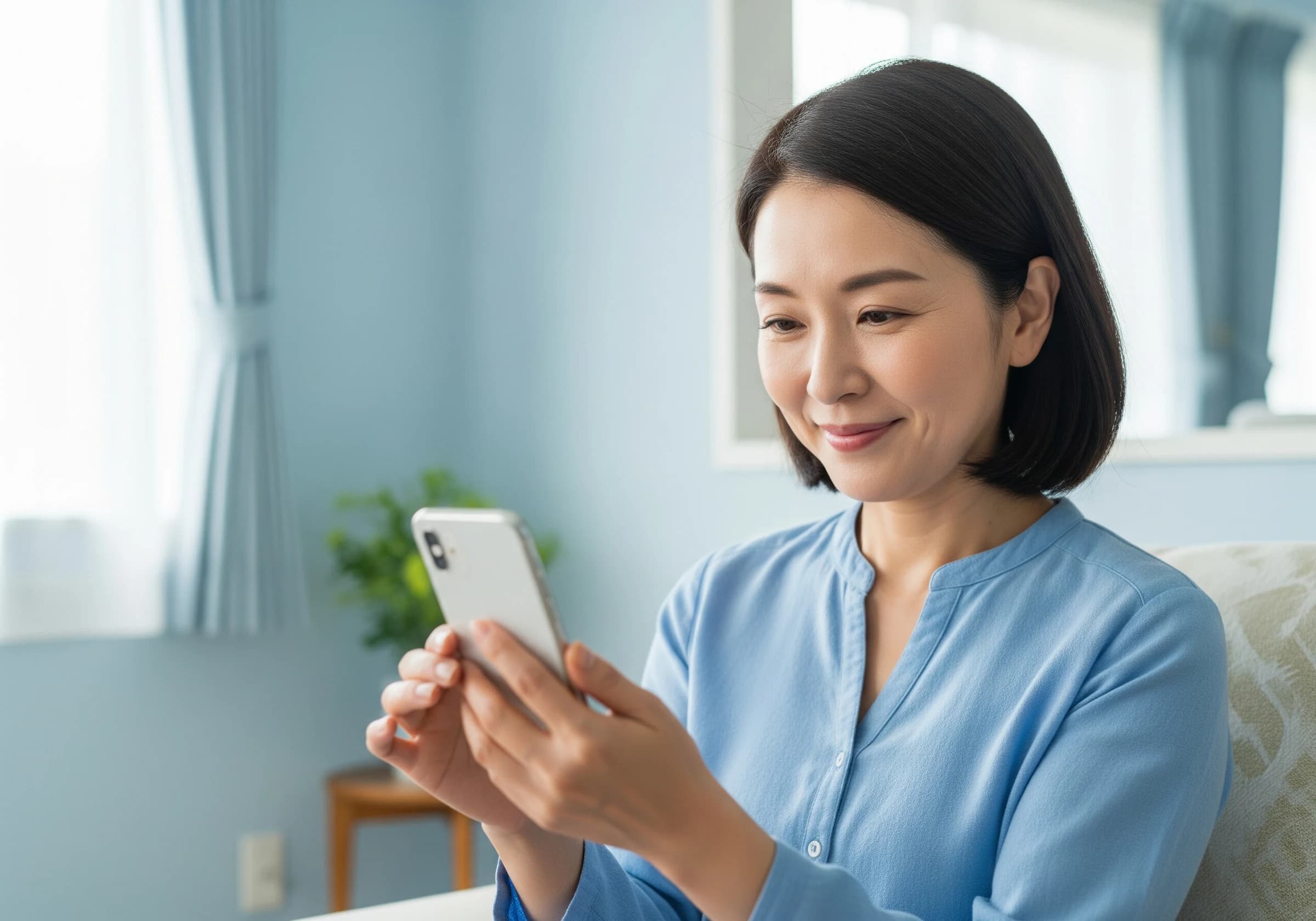 スマートフォンを見て安心する女性